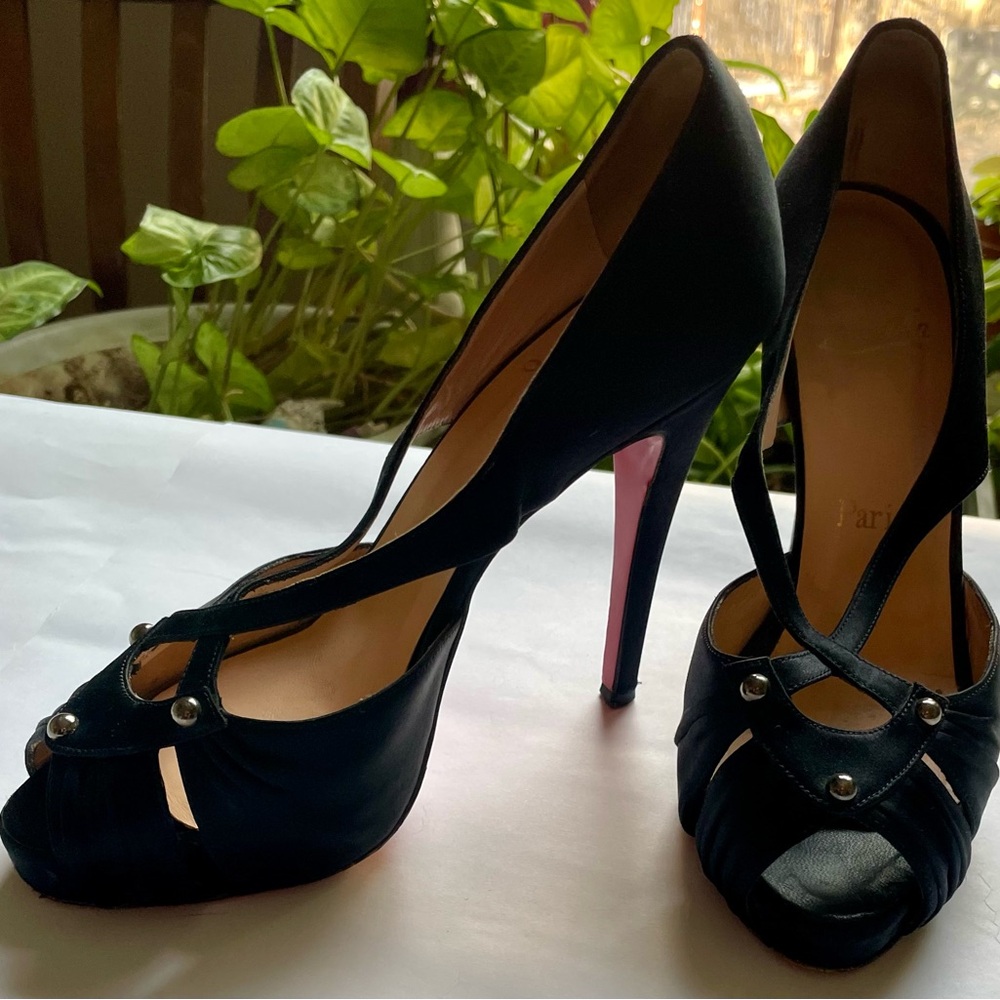 Christian Louboutin Satin Studded Accents T-strap Pumps